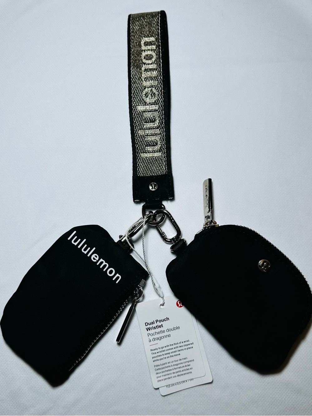lululemon Black & Gold Dual Pouch Wristlet with keychain Strap